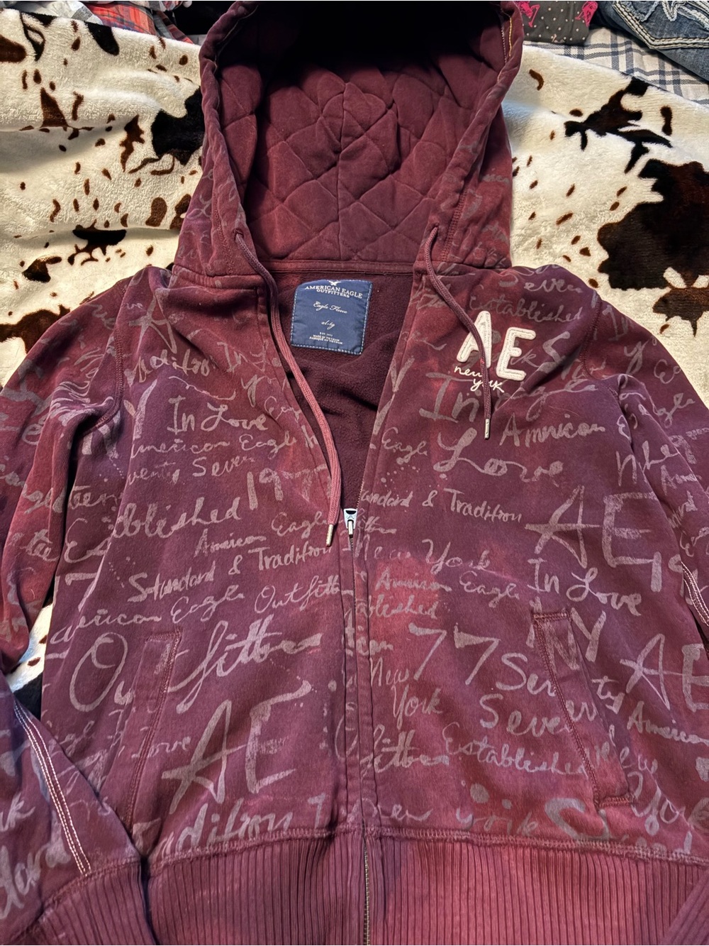 American Eagle Outfitters Maroon Script Zip Hoodie